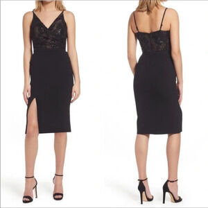 NWT Dress The Population Giulia Black Bead Embroidered Bodycon Midi Dress Medium
